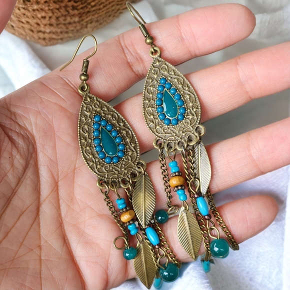 SAANVI TRIBAL EARRINGS VINTAGE DANGLE BOHEMIAN ETHNIC BRONZE - Picture 2 of 2